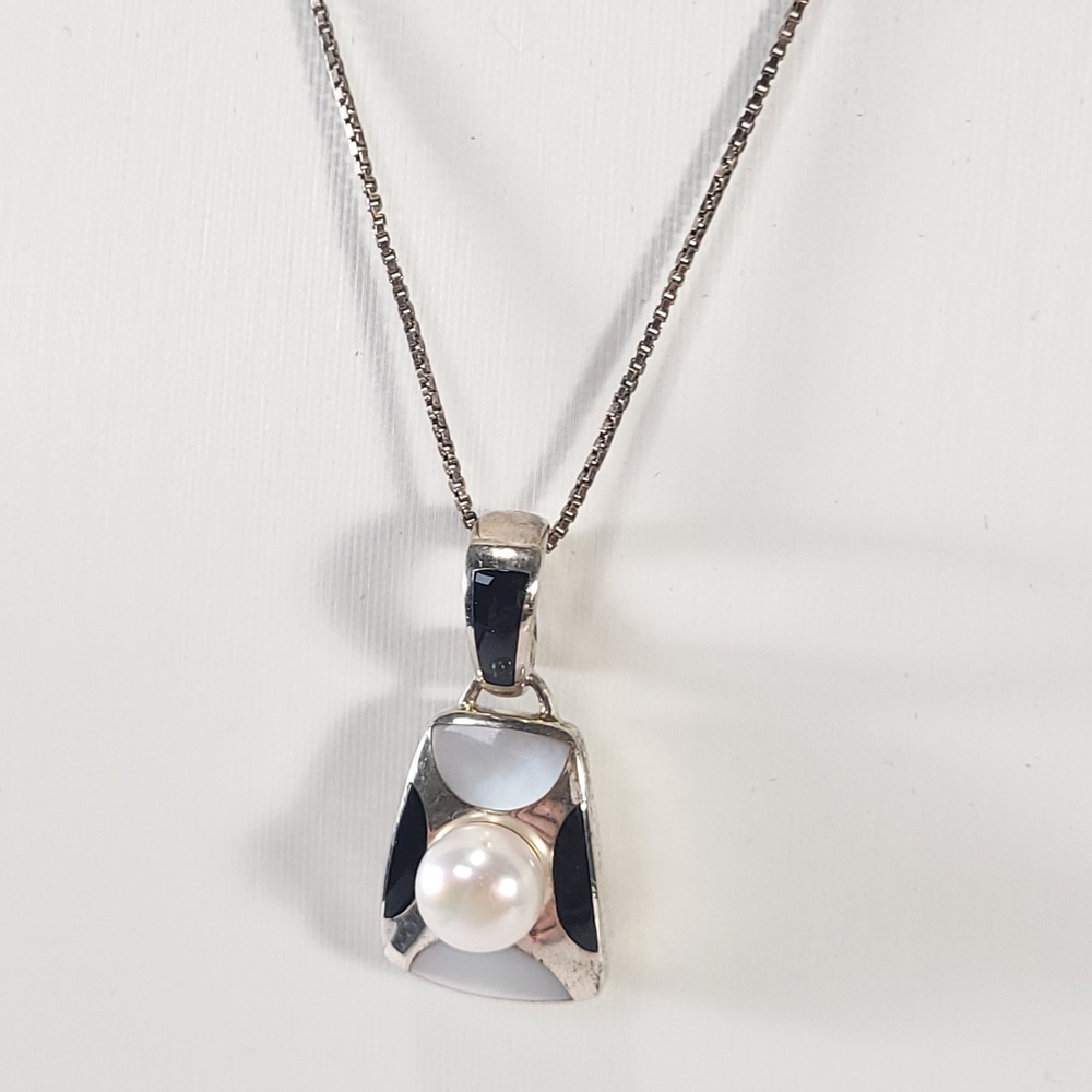 Sterling Silver Pearl Mother of Pearl Inlay Necklace Pendant 925 Jewelry